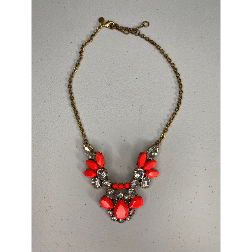 J.Crew Neon Coral Resin and Clear Crystal Statement Bib Necklace Gold Tone